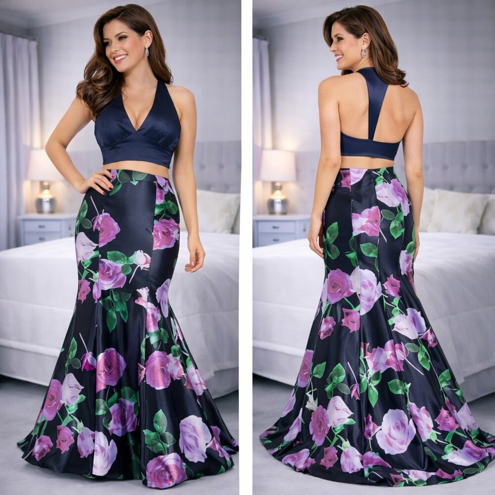 Rachel Allan 6134 Navy Pink Mikado Two Piece Formal Gown $338